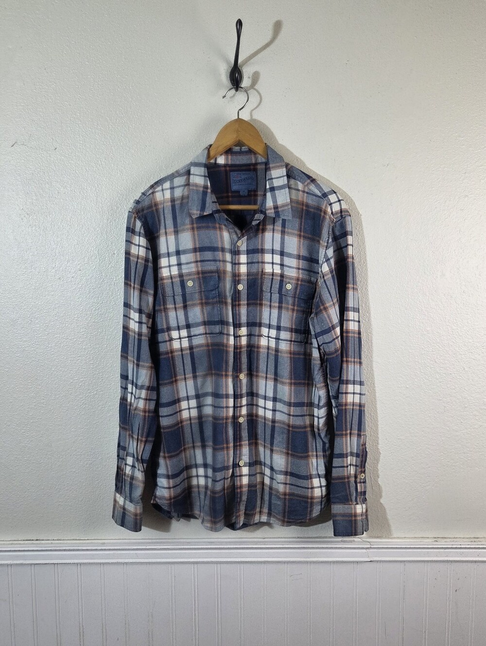 Lucky Brand Mens Medium Plaid Flannel Shirt Blue Orange Button Front Cotton